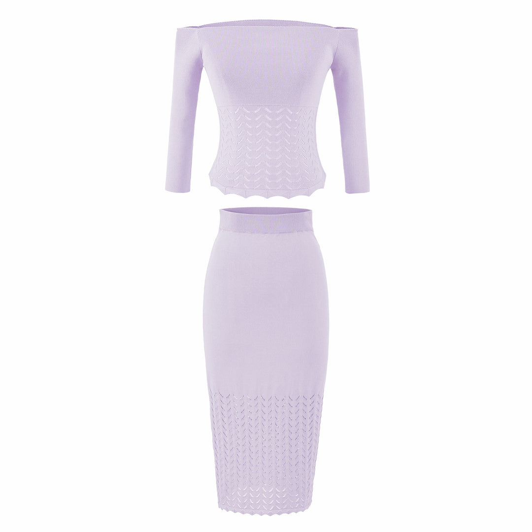 Damen Zweiteiliges Strick‑Set mit Carmenausschnitt und figurbetontem Bleistiftrock Echoarchiv