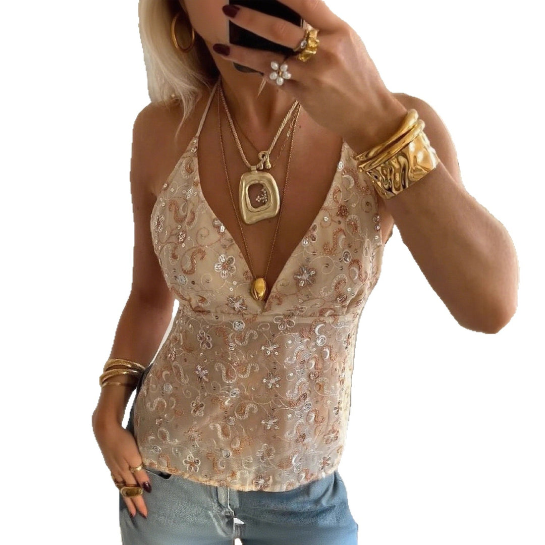 Damen Elegantes Spitzentop mit tiefem V-Ausschnitt und feiner Bestickung Echo Archiv
