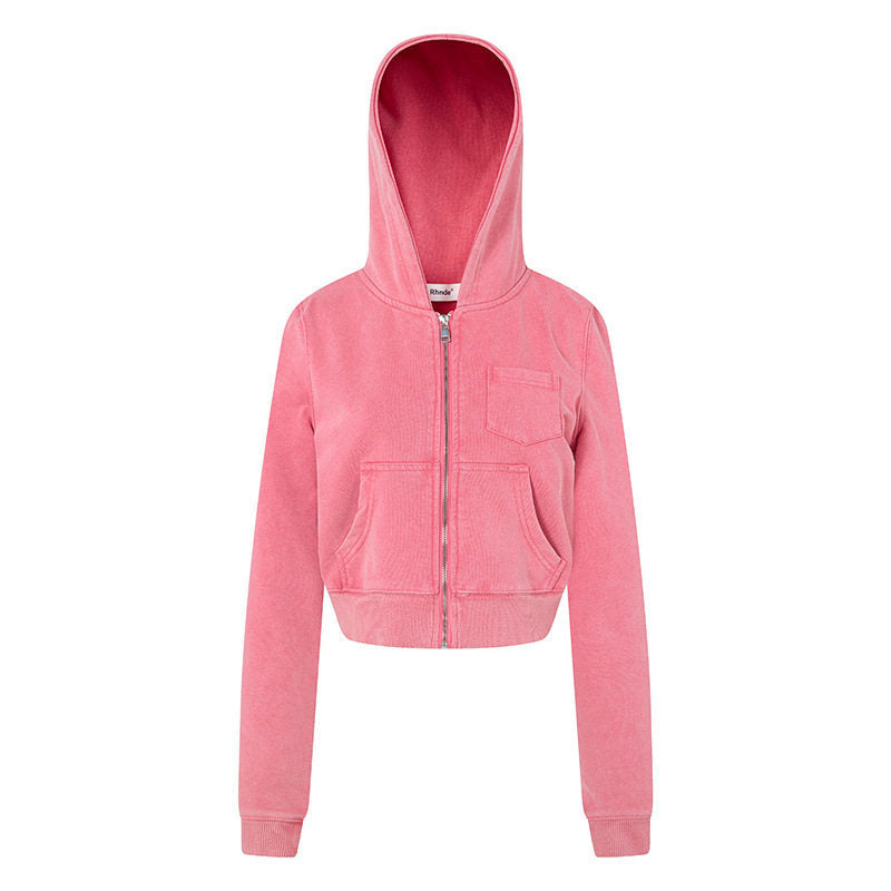 Damen Kurz geschnittene Kapuzen-Sweatjacke mit durchgehendem Reißverschluss im Boxy-Schnitt und Brusttasche Echoarchiv