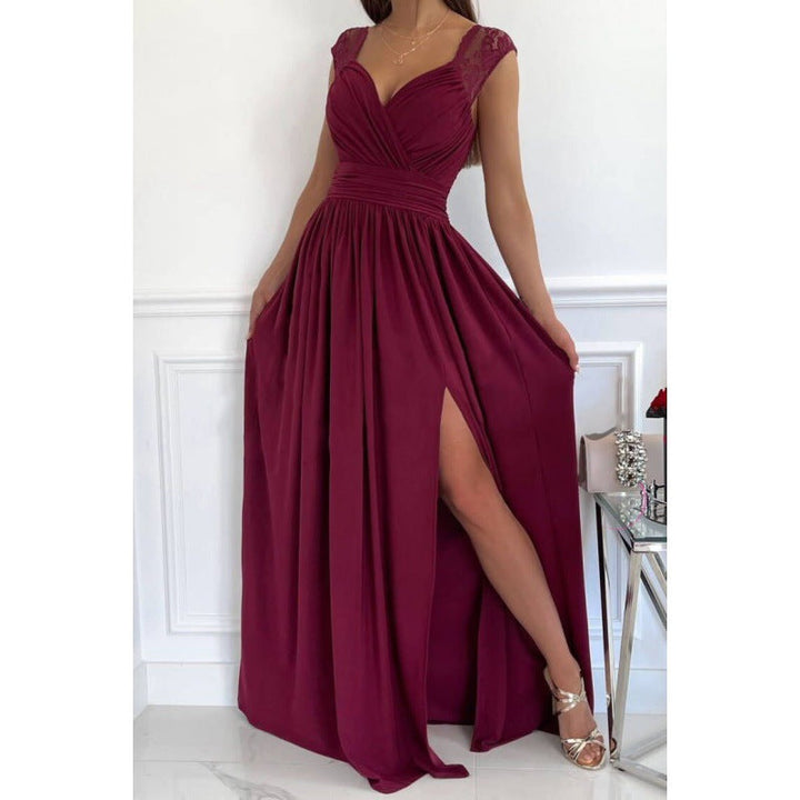 Damen Maxikleid mit Raffiniertem V-Ausschnitt und Hohem Schlitz Echoarchiv