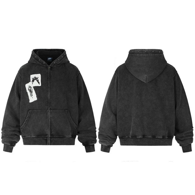 Herren Kapuzen‑Sweatjacke mit Vintage‑Waschung, oversized Cut, Patch‑Print und Nietenbesatz Echoarchiv