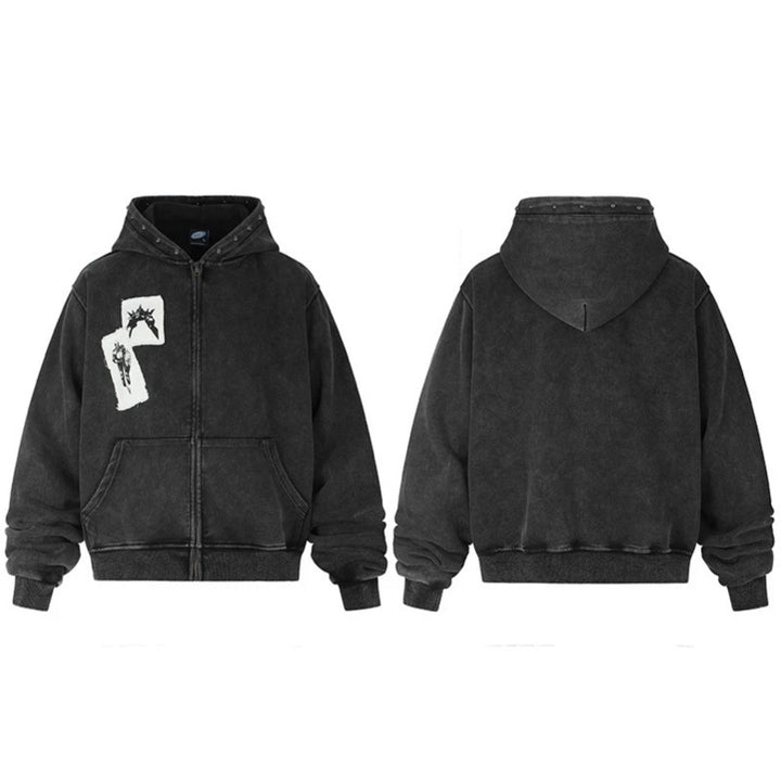 Herren Kapuzen‑Sweatjacke mit Vintage‑Waschung, oversized Cut, Patch‑Print und Nietenbesatz Echoarchiv