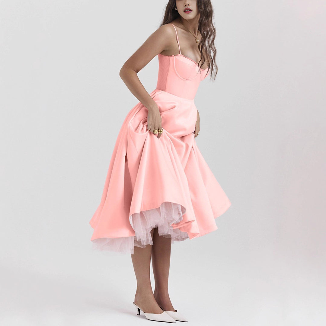 Damen nan tailliertes retro-inspiriertes Midikleid mit Korsage Unterbrustnähten Tellerrock und Eingrifftaschen Echo Archiv