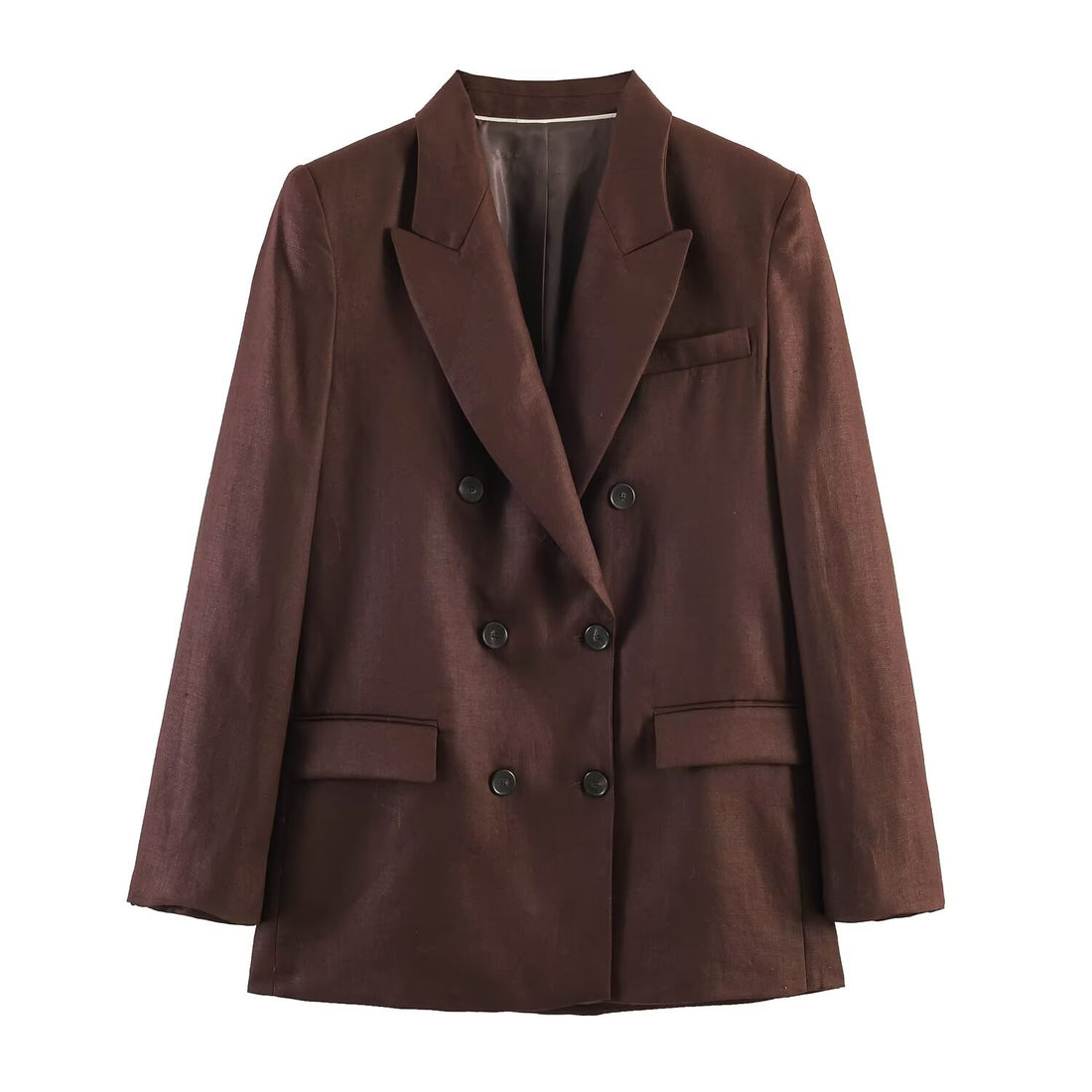 Damen Doppelreihiger Leinenblazer mit Peak-Revers und aufgesetzten Pattentaschen Echoarchiv