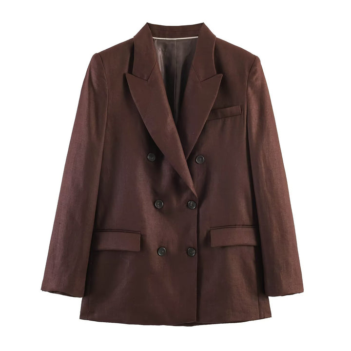 Damen Doppelreihiger Leinenblazer mit Peak-Revers und aufgesetzten Pattentaschen Echoarchiv