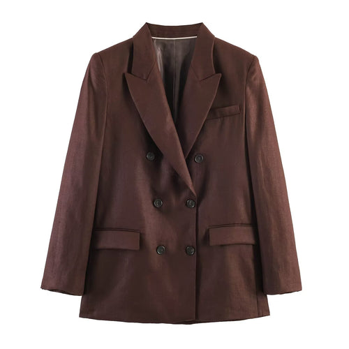 Damen Doppelreihiger Leinenblazer mit Peak-Revers und aufgesetzten Pattentaschen Echoarchiv