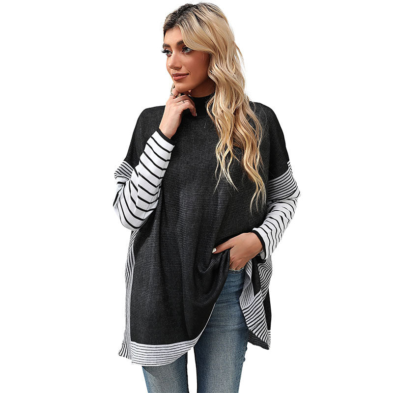 Damen Oversize Strickpullover mit Stehkragen und gestreiften Raglanärmeln Echoarchiv