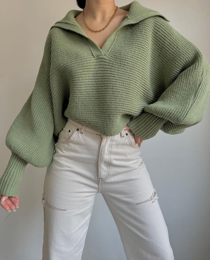 Damen Oversize Rippsweater mit Reverskragen und tiefem V‑Ausschnitt Echoarchiv