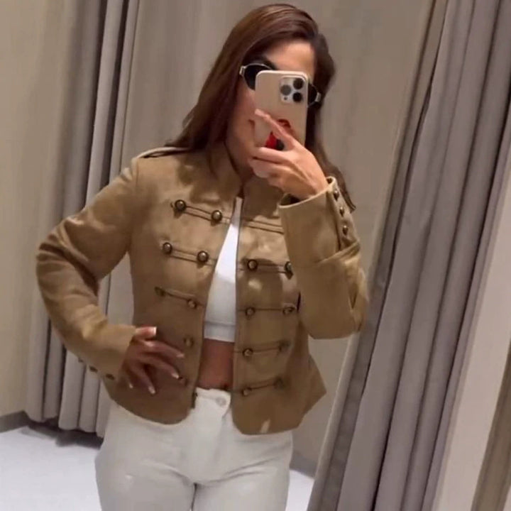 Damen Taillierte Militärjacke aus Wollmischung mit Stehkragen und doppelter Knopfreihe Echoarchiv