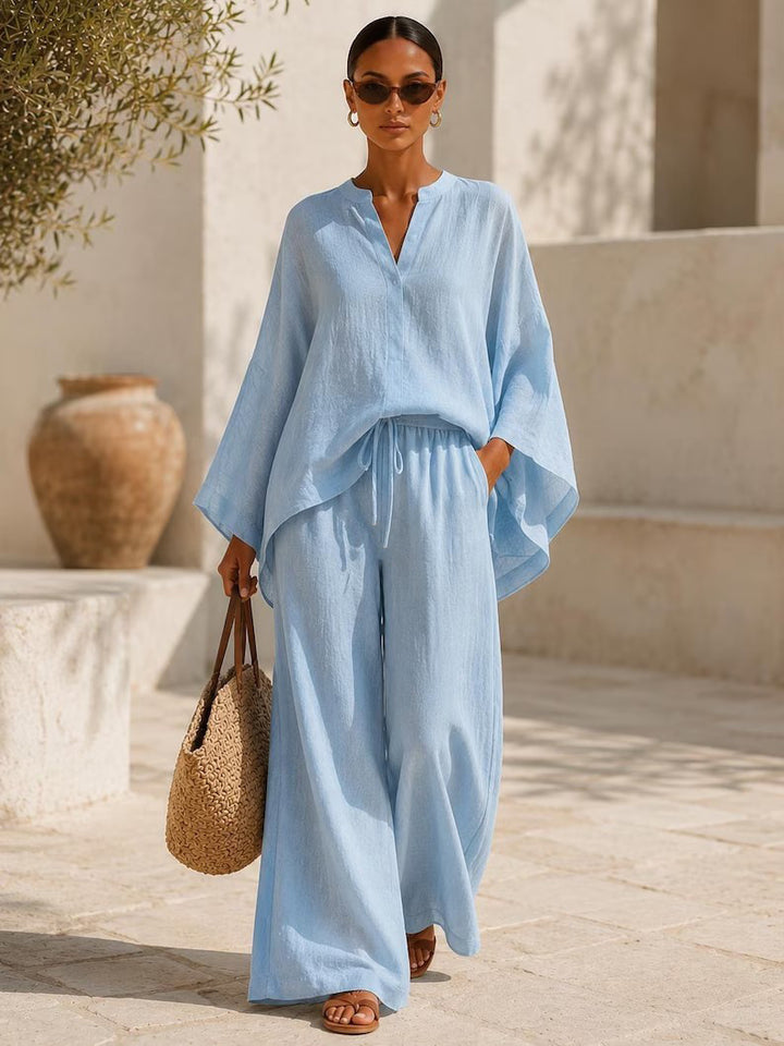 Damen Leichte Leinenmischung Übergroße Kaftan-Oberteil und Kordelzug Weitbein-Hosen Set – Élanora