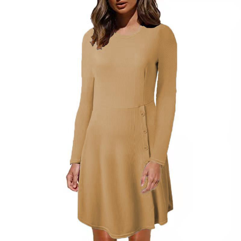 Damen Geripptes A‑Linien Kleid mit Rundhalsausschnitt, langen Ärmeln und seitlicher Knopfleiste – Lunéa