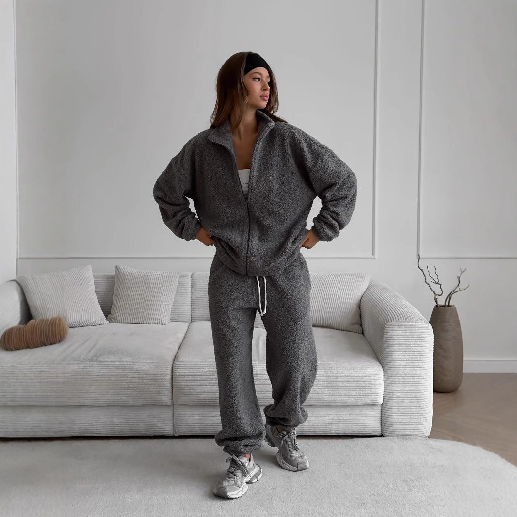 Damen Teddy-Fleece Loungewear-Set mit Reißverschlussjacke und Kordelzug-Hose – Auréline