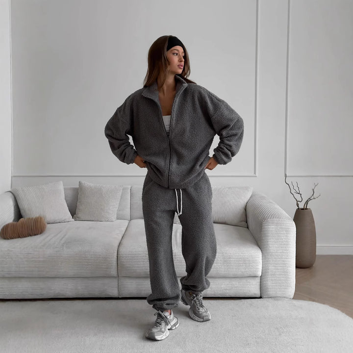 Damen Teddy-Fleece Loungewear-Set mit Reißverschlussjacke und Kordelzug-Hose – Auréline