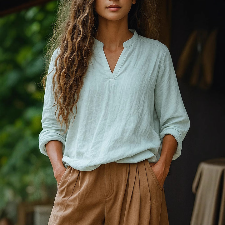 Damen Casual Tunika-Bluse in Leinenoptik mit kleinem Stehkragen und V‑Schlitz – Élovi