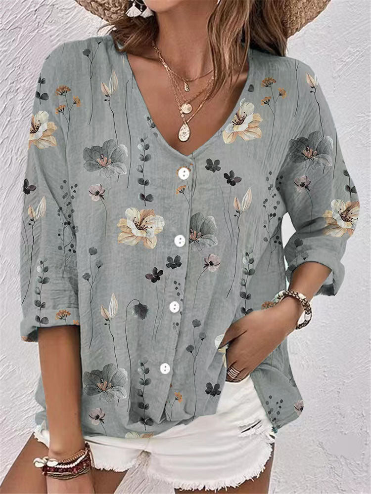 Damen Bluse mit Floralem Druck und Modernem Knopfdesign Echoarchiv