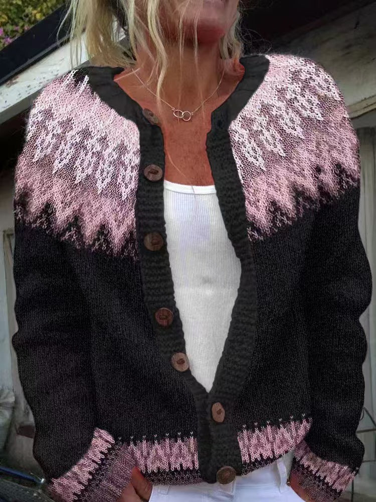 Damen nan gemusterte Strickjacke mit Rundpasse, Holzknöpfen und Eingrifftaschen Echo Archiv