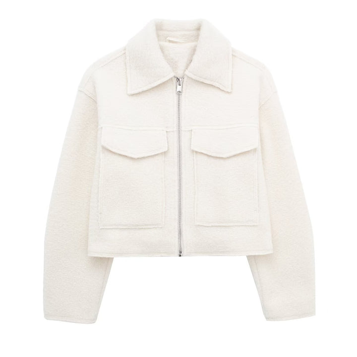 Damen Kurz geschnittene Teddyjacke mit Reißverschluss, Kragen und aufgesetzten Klappentaschen Echo Archiv