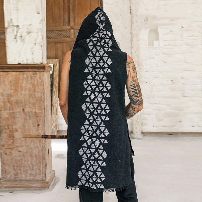 Herren ärmellose Leinenbluse mit Knopfleiste und fransierten Details Echoarchiv