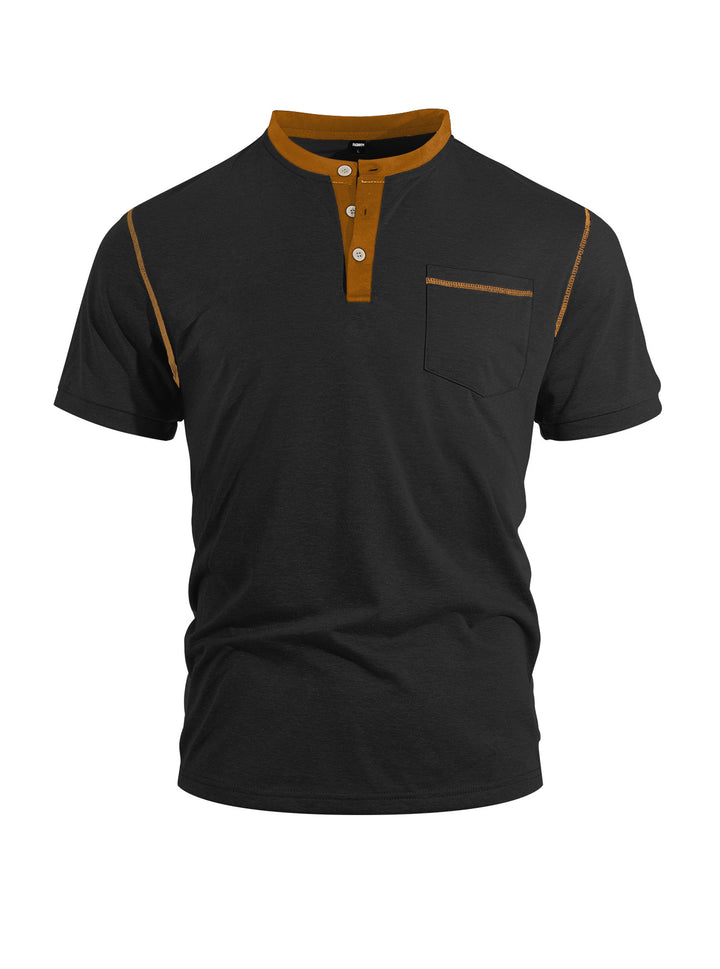 Herren nan legeres Kurzarm-Bandkragenshirt mit Knopfleiste Brusttasche und Flatlocknähten Echo Archiv
