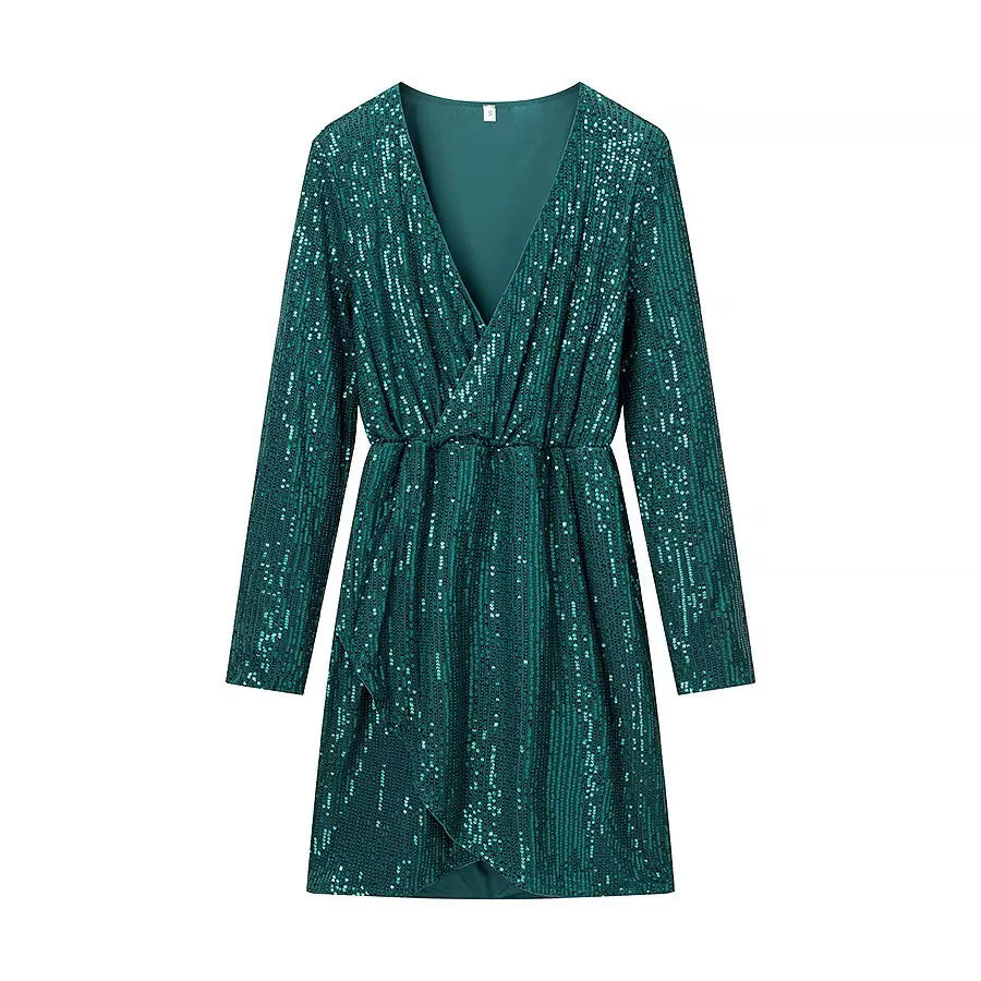 Damen Wickel-Minikleid mit Paillettenbesatz, tiefem V‑Ausschnitt und taillierendem Bindegürtel – Élara