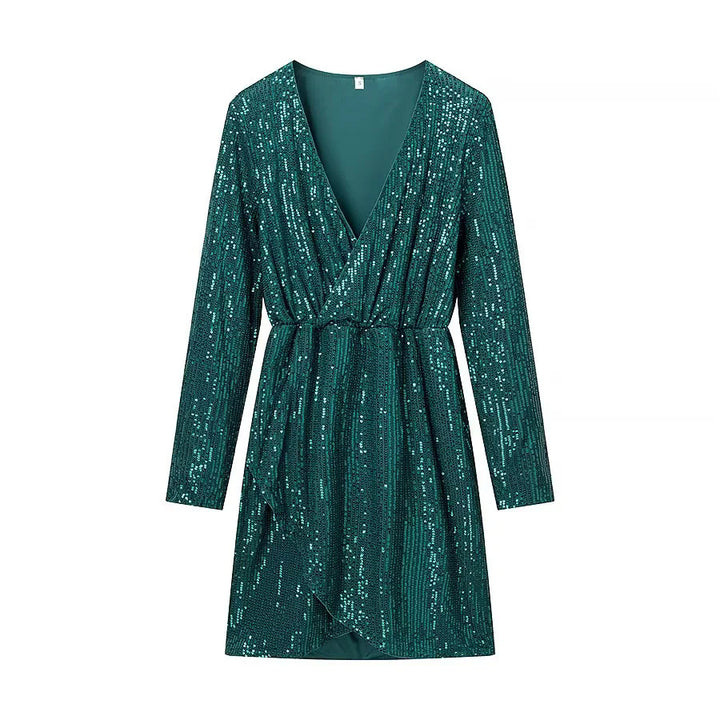 Damen Wickel-Minikleid mit Paillettenbesatz, tiefem V‑Ausschnitt und taillierendem Bindegürtel – Élara
