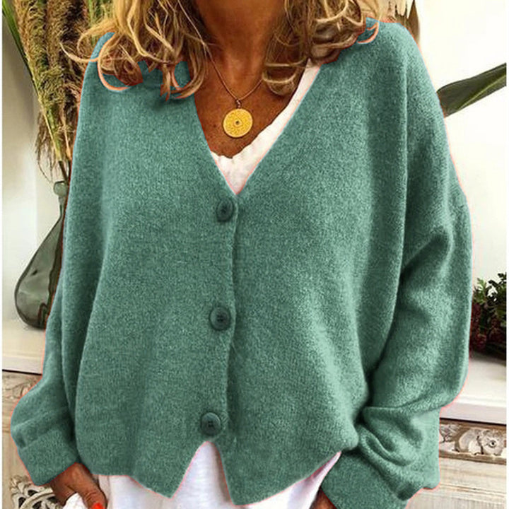 Damen lässiger Strickcardigan mit tiefem V-Ausschnitt und großen Knöpfen Echoarchiv