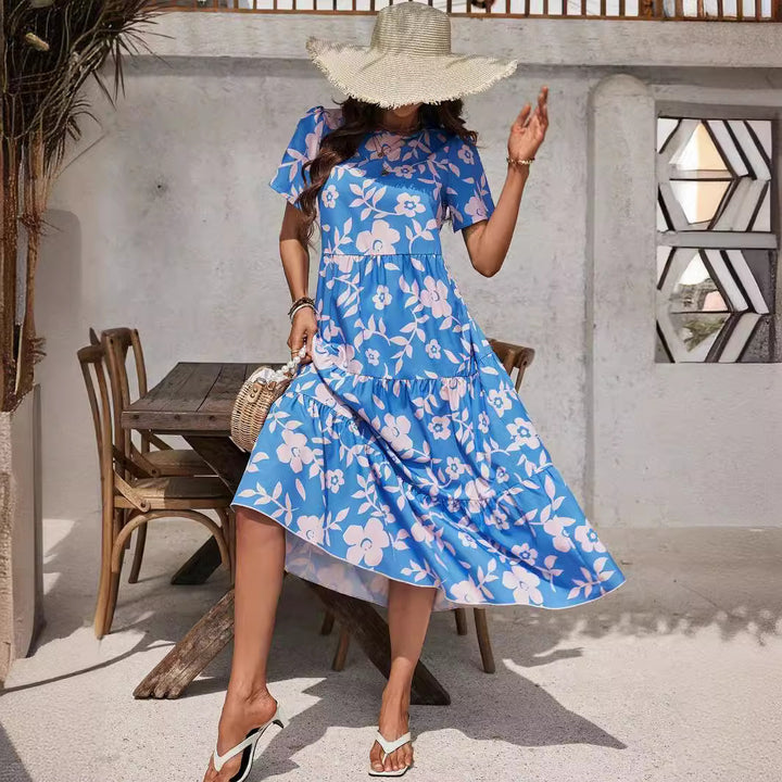 Damen nan luftiges Stufenmidikleid mit hoher Taillennaht, kurzem Ärmel und durchgehendem Blumenmuster Echo Archiv