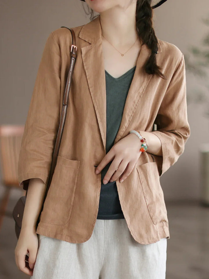 Damen Lässiger Leinenblazer mit breiten Ärmeln und Knopfverschluss – Célinea