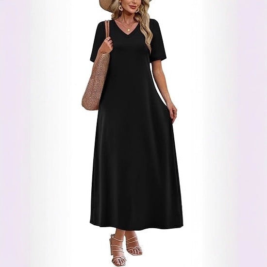 Damen Langes A-Linien-Maxikleid mit V-Ausschnitt, Kurzarm und Eingrifftaschen Echoarchiv