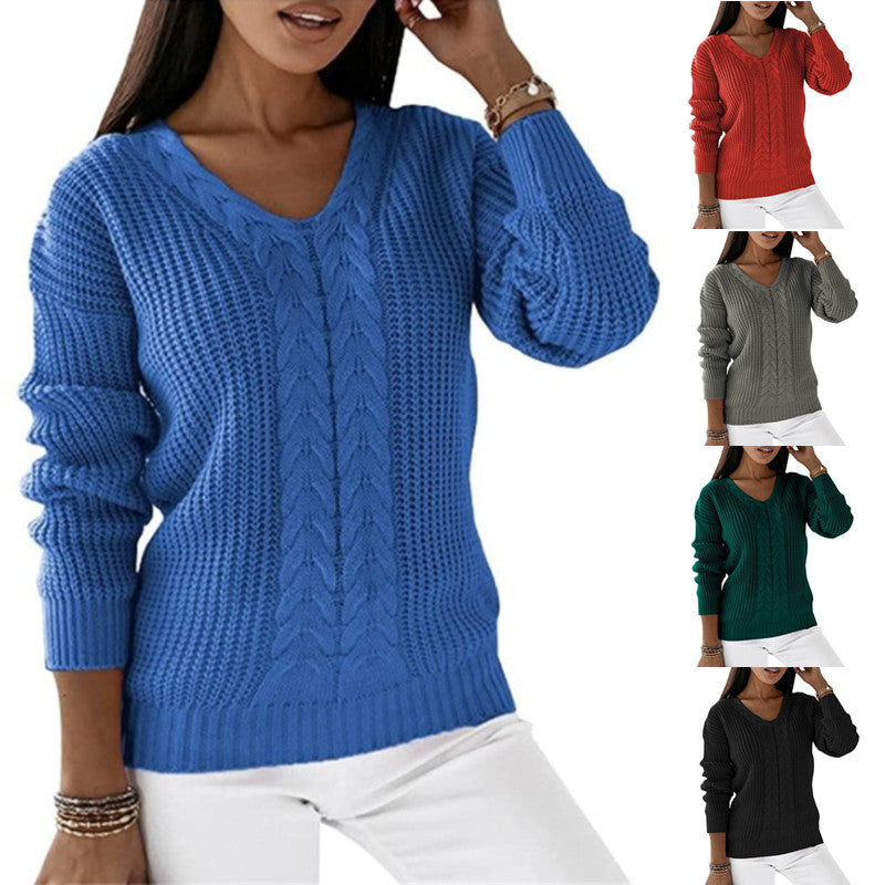 Damen nan grob gestrickter V-Ausschnitt Pullover mit Zopfmuster und lockerer Silhouette Echo Archiv