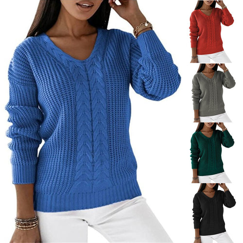 Damen nan grob gestrickter V-Ausschnitt Pullover mit Zopfmuster und lockerer Silhouette Echo Archiv