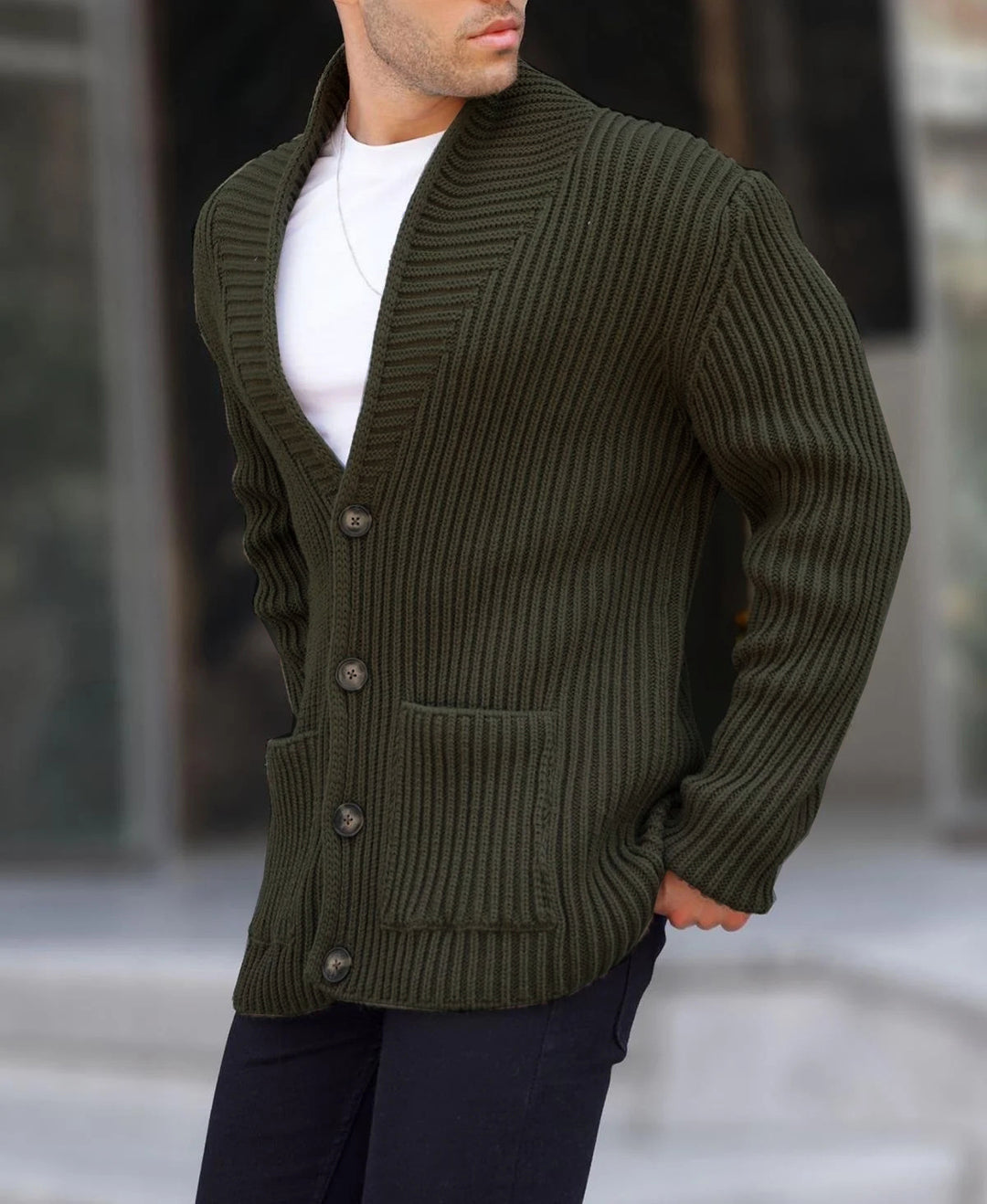Herren Grob gestrickte Cardigan mit breitem Rippenmuster und praktischen Taschen Echoarchiv