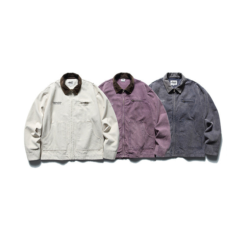 Herren Boxy-Worker-Jacke aus gewaschenem Canvas mit Cordkragen und Reißverschluss Echo Archiv