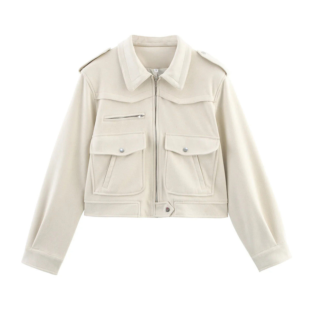 Damen cropped Fieldblouson mit Schulterklappen, großen Pattentaschen und mittiger Reißverschluss – Célinea
