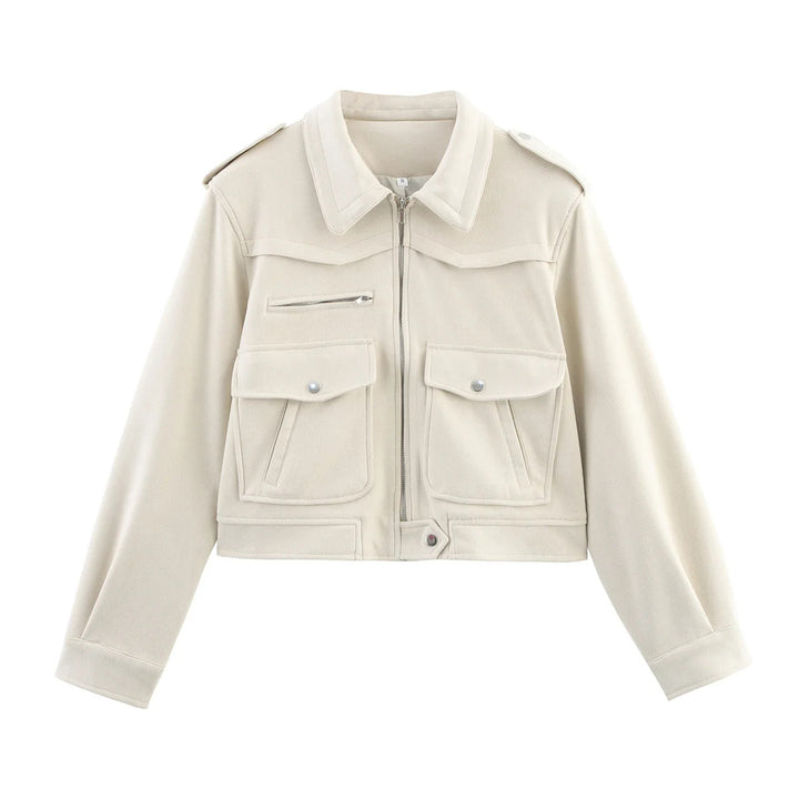 Damen cropped Fieldblouson mit Schulterklappen, großen Pattentaschen und mittiger Reißverschluss – Célinea