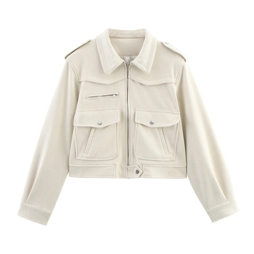 Damen cropped Fieldblouson mit Schulterklappen, großen Pattentaschen und mittiger Reißverschluss – Célinea