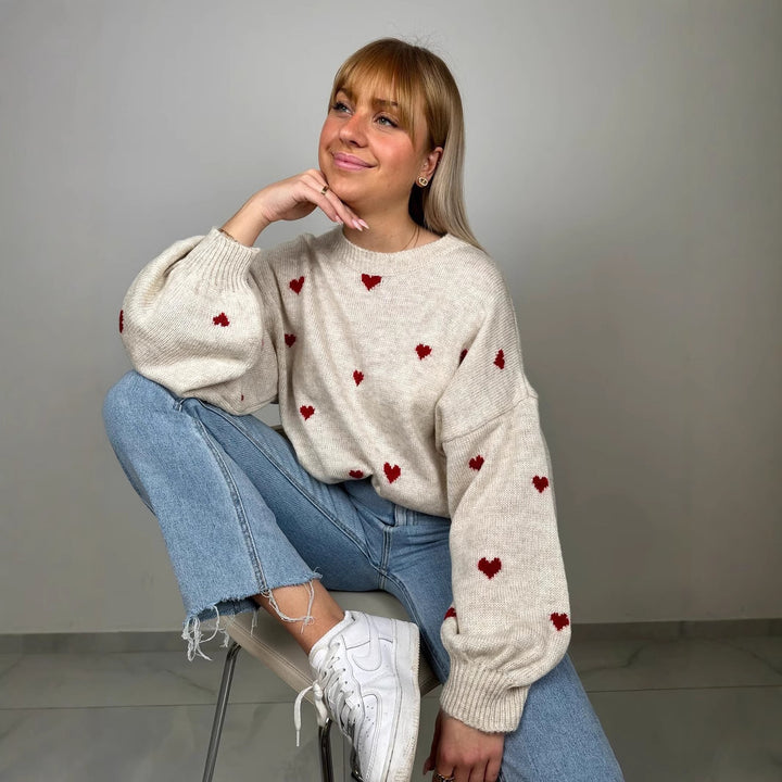 Damen nan oversized Strickpullover mit Herzintarsien und Ballonärmeln Echo Archiv