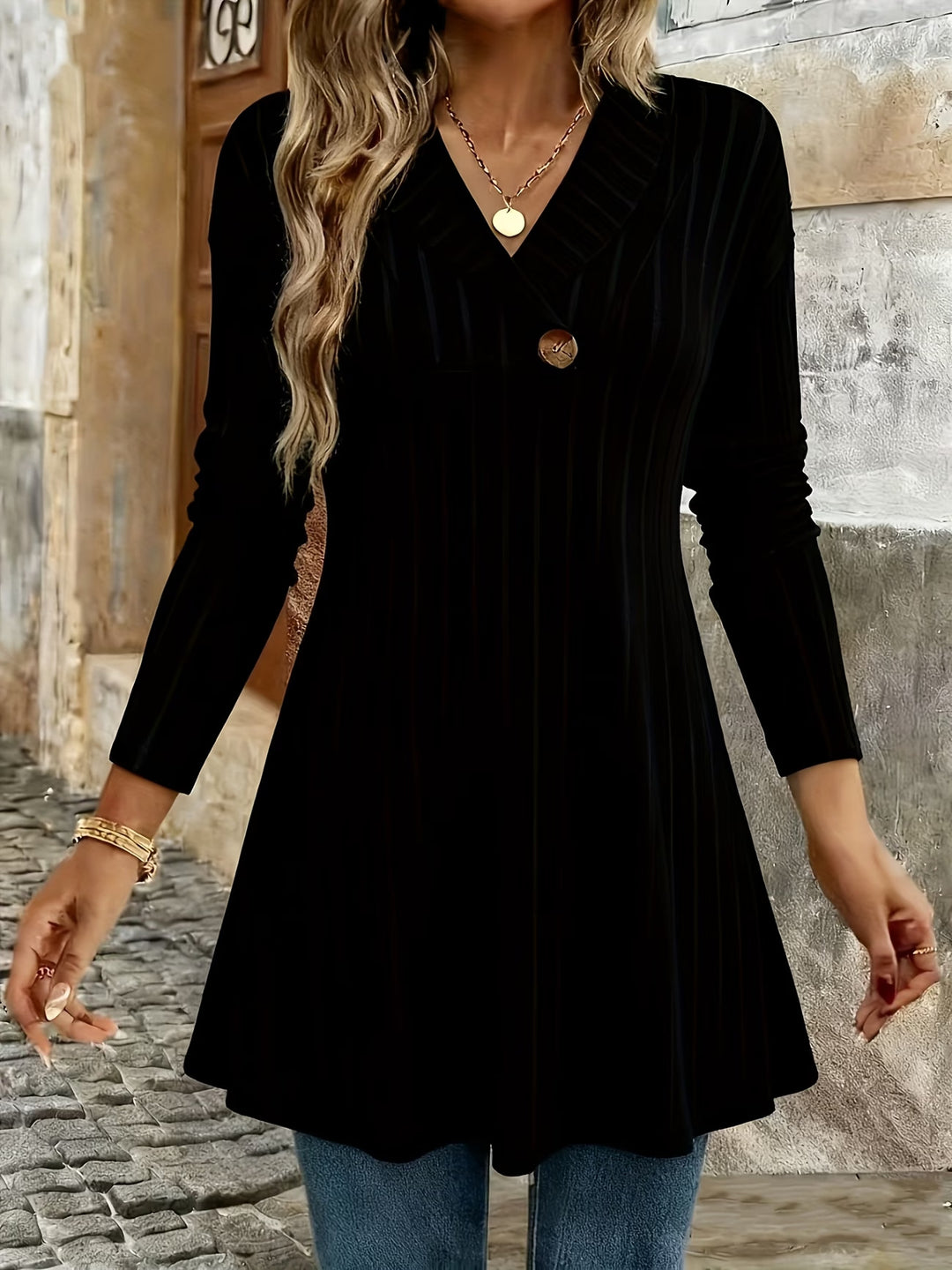 Damen Gestricktes A‑Linien‑Tunika‑Kleid mit Schalkragen und Zierknopf Echo Archiv