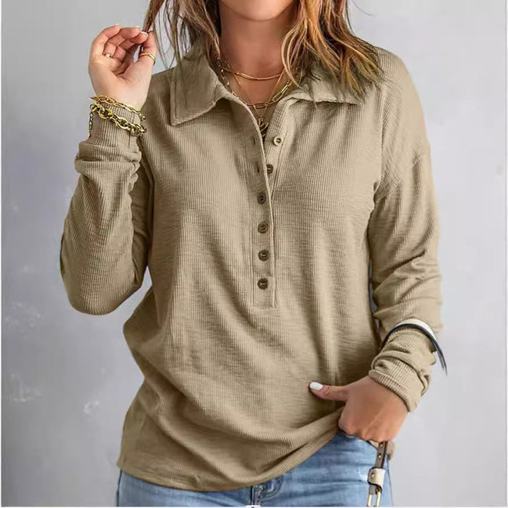 Damen Langarm-Waffelshirt mit Hemdkragen und Knopfleiste Echoarchiv