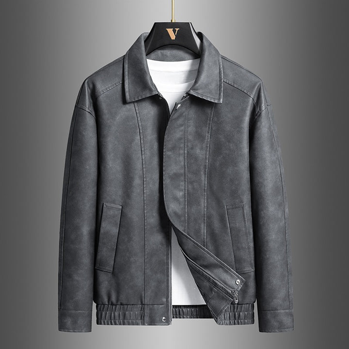 Herren Kurz geschnittene Kunstlederjacke im Vintage‑Look mit Hemdkragen & durchgehendem Reißverschluss Echoarchiv