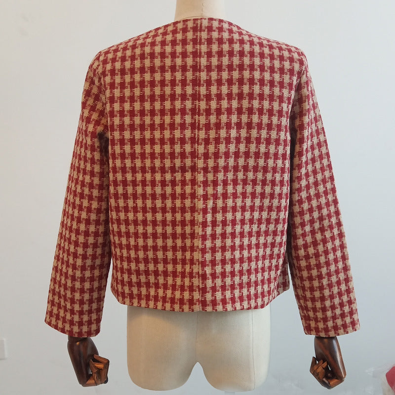 Damen taillierte Bouclé-Tweed-Jacke mit Hahnentrittmuster, goldenen Zierknöpfen und aufgesetzten Klappentaschen – Célinea