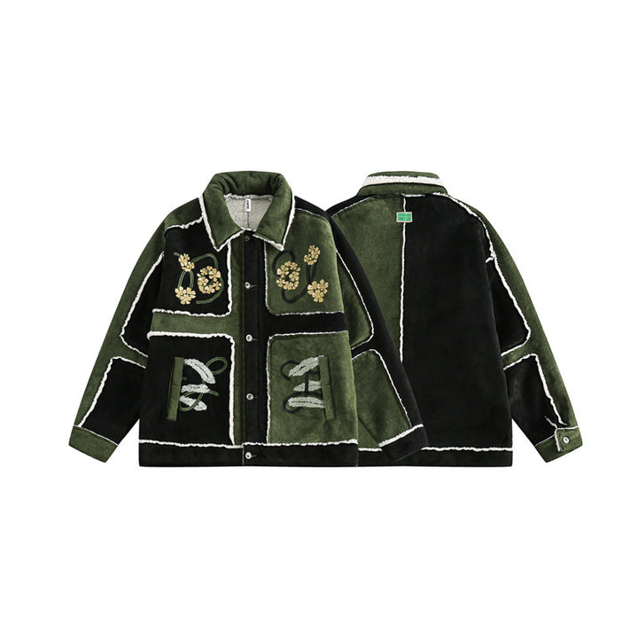 Unisex Patchwork-Lammfelloptik Jacke mit Blumenstickerei Echoarchiv