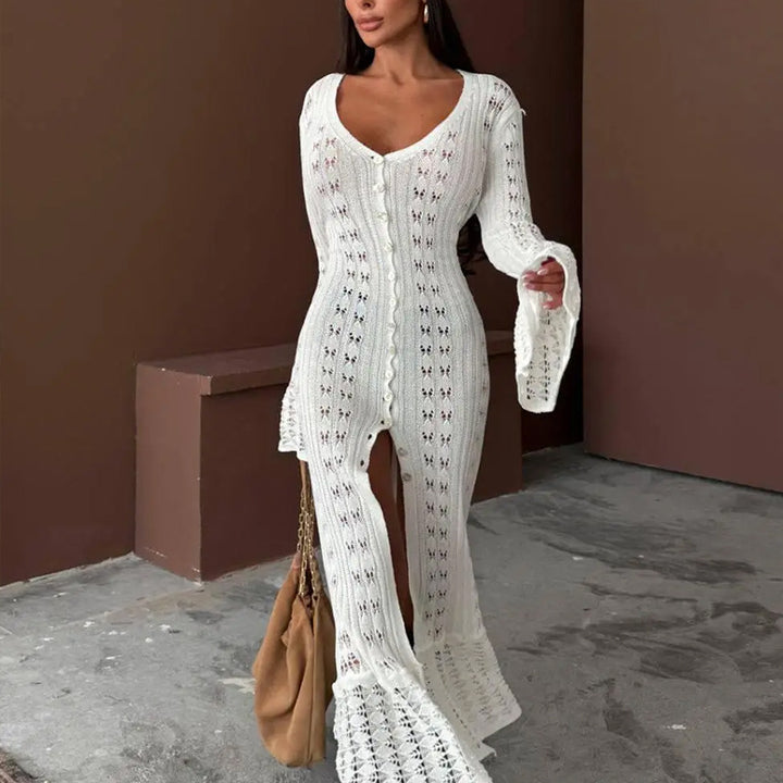 Damen Strickmaxikleid mit nostalgischem Lochmuster und elegantem V-Ausschnitt Echo Archiv
