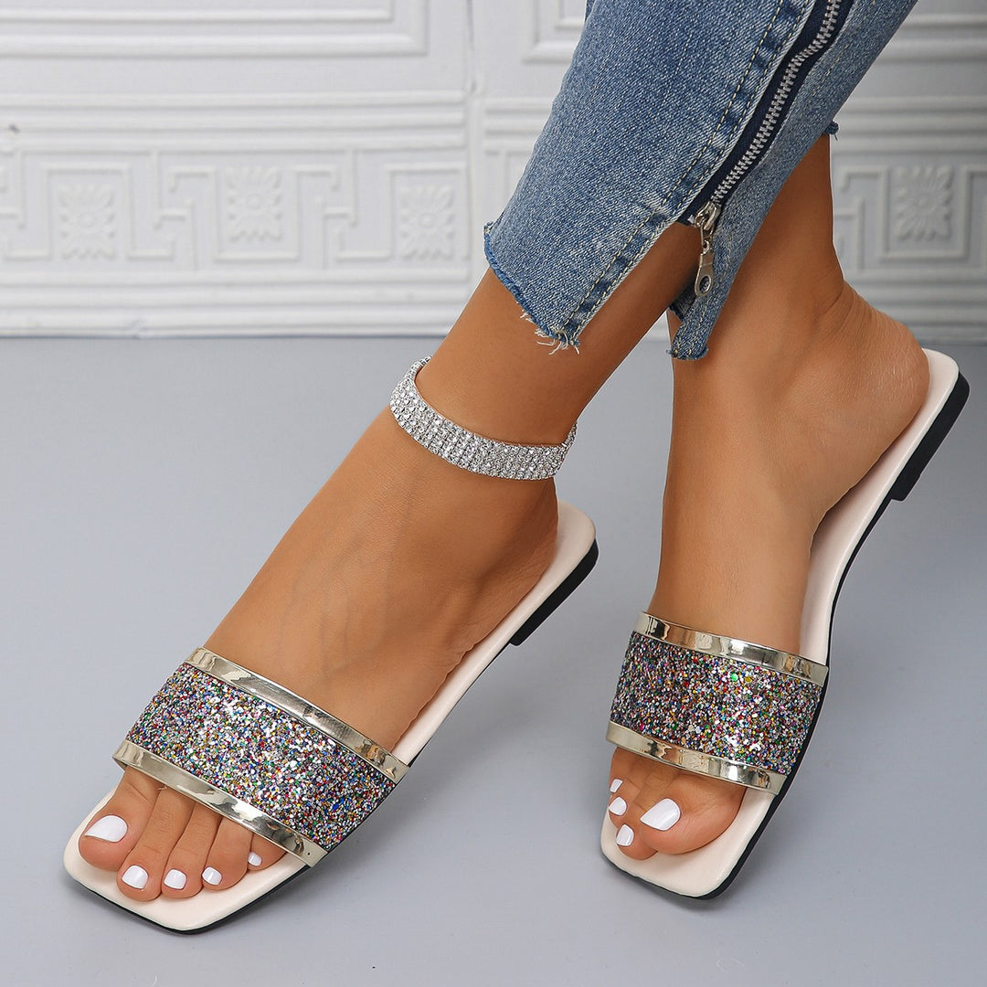 Damen nan flache Pantolette mit breitem Glitzerriemen eckiger Zehenpartie und gepolstertem Fußbett Echo Archiv
