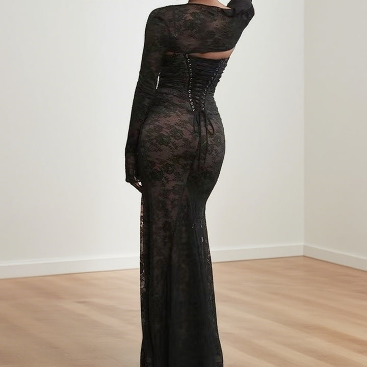 Damen Elegantes Spitzenkleid mit figurbetonter Silhouette und luxuriösem Langarmdesign Echo Archiv