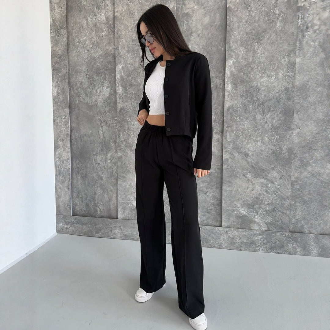 Damen Elegantes Zweiteiler-Set mit Kurzjacke und Hochbund-Faltenhose Echoarchiv