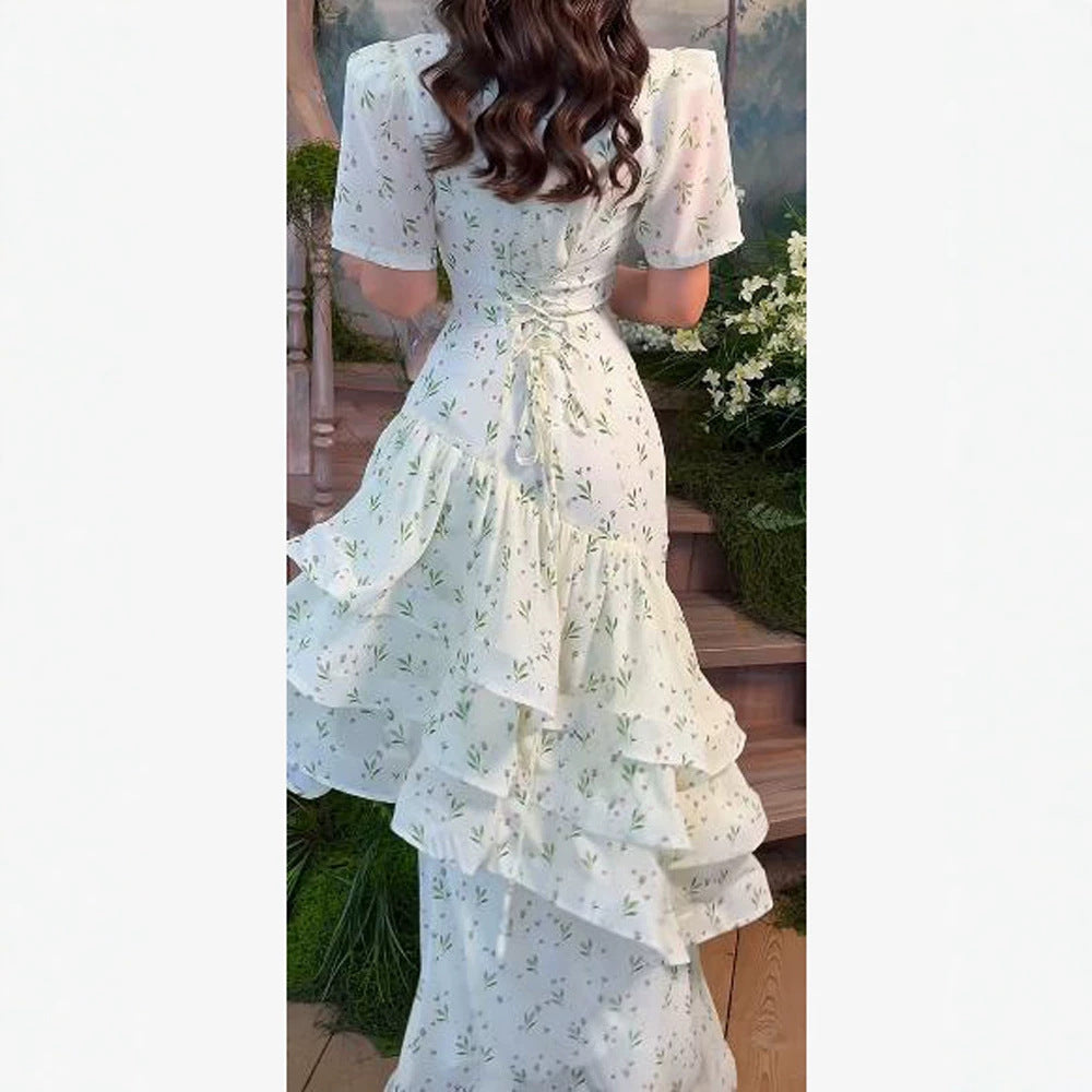 Damen Maxikleid im Vintage‑Romantik‑Stil mit asymmetrischen Volants und Puffärmeln Echoarchiv