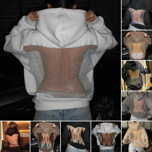 Damen Hoodie mit glitzerndem Mesh-Rückenapplikation – Auréline