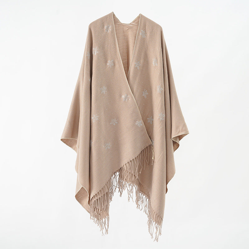 Damen bestickter Fransenponcho im Cape‑Stil aus Wollmix Echo Archiv