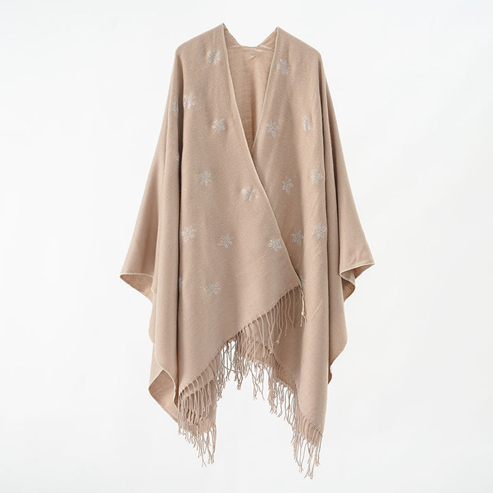 Damen bestickter Fransenponcho im Cape‑Stil aus Wollmix Echo Archiv